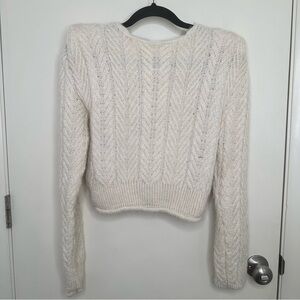 Mango Cream Herringbone Strong Shoulder Alpaca Blend Sweater